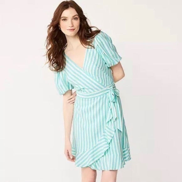 Draper James Women’s Puff Sleeve Turquoise White Striped Wrap Dress Size S NWT - Picture 3 of 14